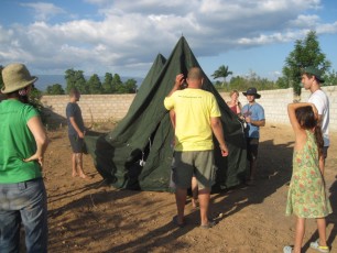 Constructing tent on the land